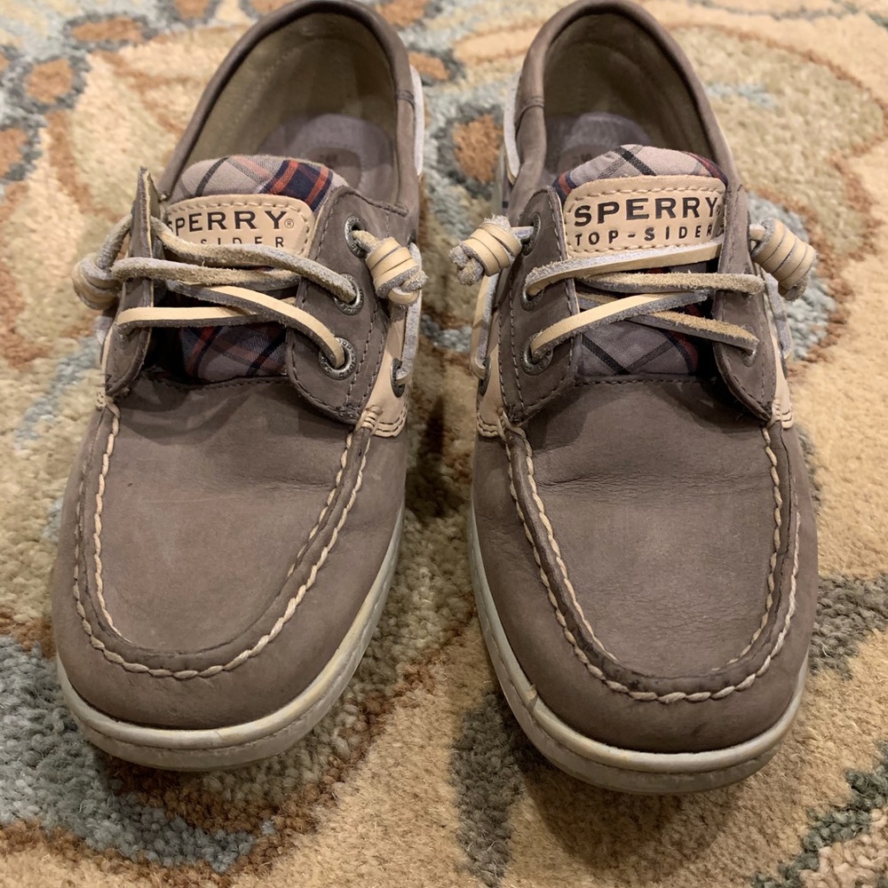 Sperry boat shoes. Taupe gray with plaid,